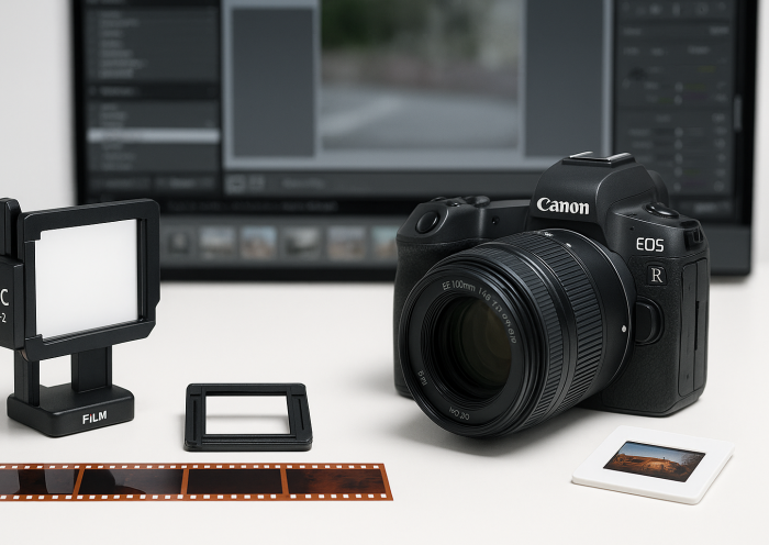 „Canon EOS R mit Makroobjektiv und JJC-Adapter bei der Digitalisierung eines Dias auf LED-Leuchtfeld“