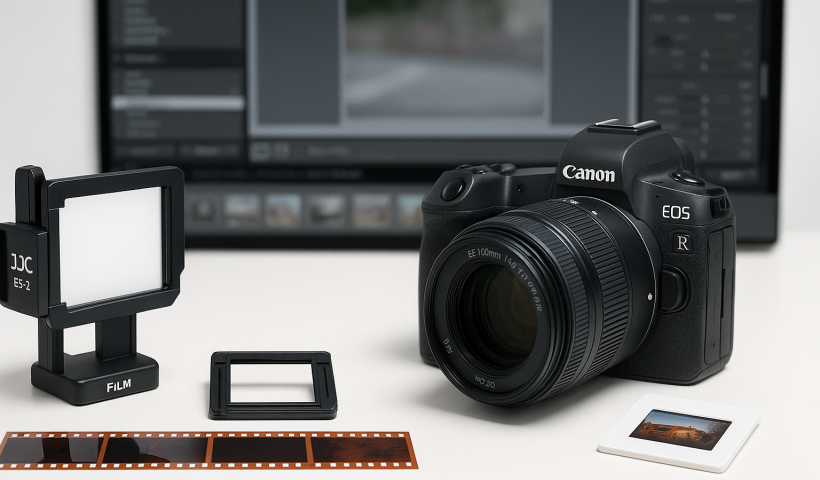 „Canon EOS R mit Makroobjektiv und JJC-Adapter bei der Digitalisierung eines Dias auf LED-Leuchtfeld“
