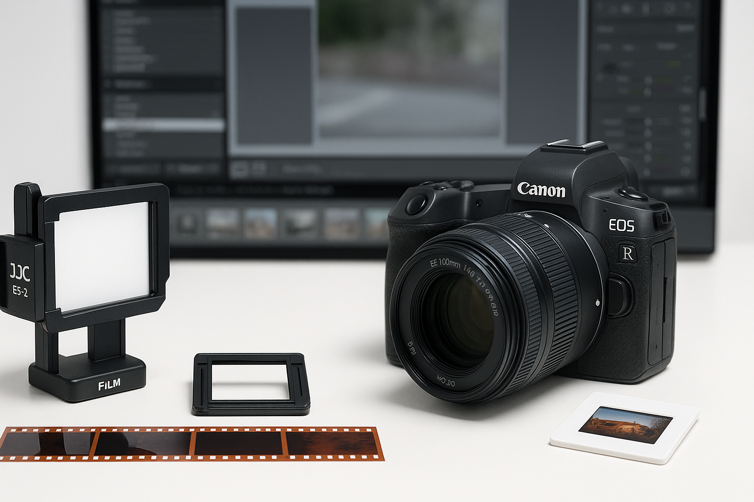 „Canon EOS R mit Makroobjektiv und JJC-Adapter bei der Digitalisierung eines Dias auf LED-Leuchtfeld“